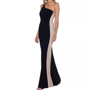 Xscape -Petite Beaded‎ Colorblocked One-Shoulder Gown